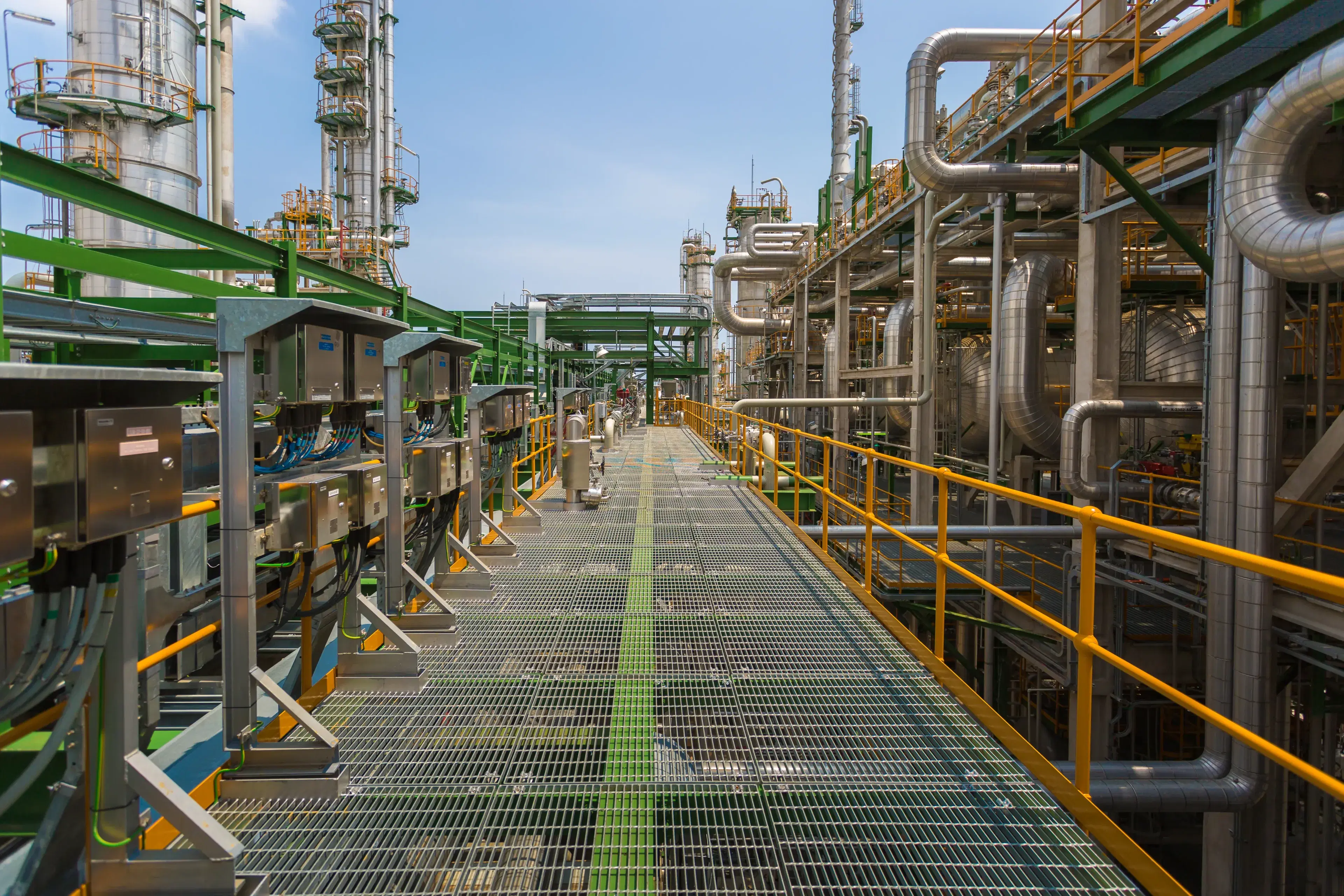Steel grating walkway in a chemical processing plant